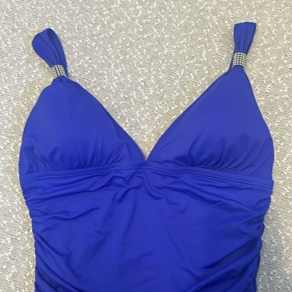 CARMEN MARC VALVO Bright Blue One Piece Swimsuit Deep V Ruched Slimming 12